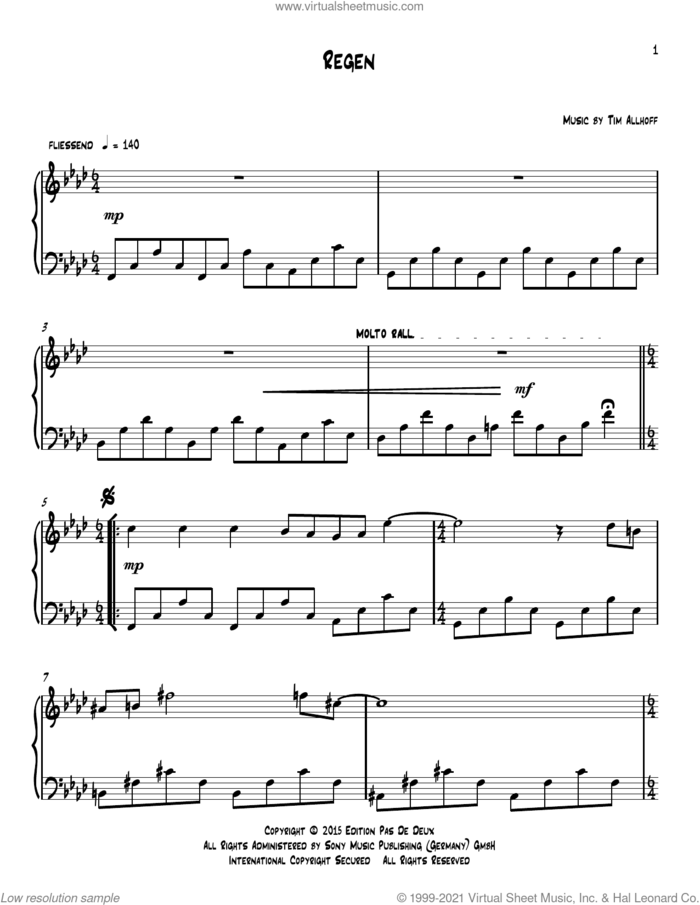 Regen sheet music for piano solo by Tim Allhoff, classical score, intermediate skill level