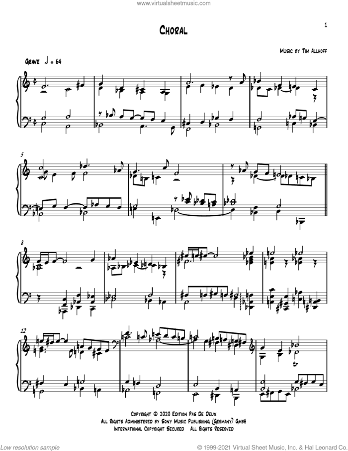 Choral sheet music for piano solo by Tim Allhoff, classical score, intermediate skill level