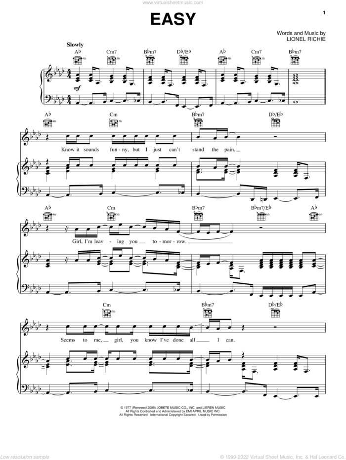 Easy sheet music for voice, piano or guitar by The Commodores, Faith No More and Lionel Richie, intermediate skill level