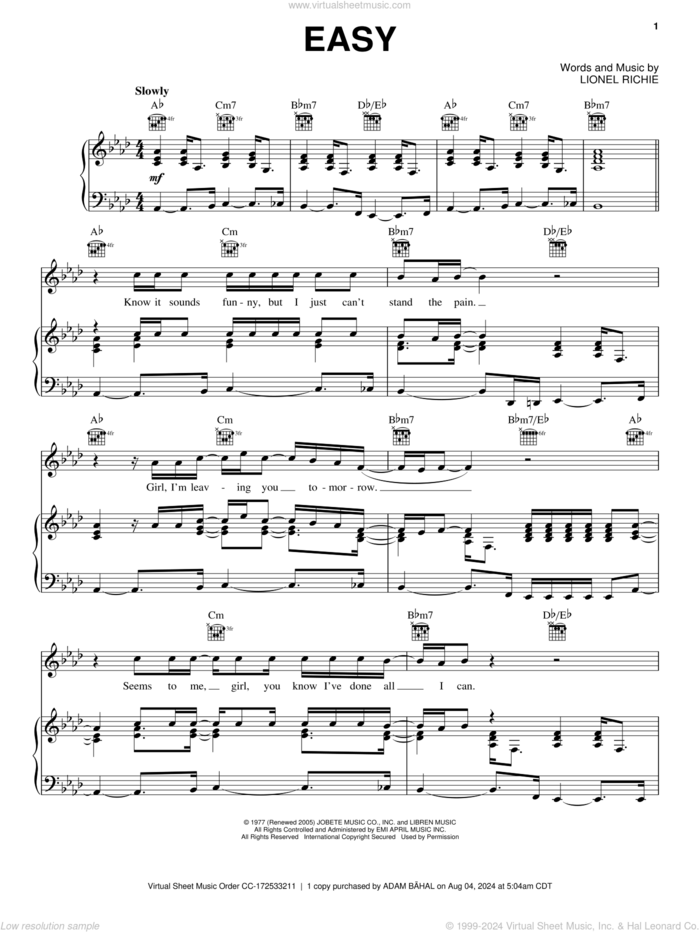 Easy sheet music for voice, piano or guitar by The Commodores, Faith No More and Lionel Richie, intermediate skill level