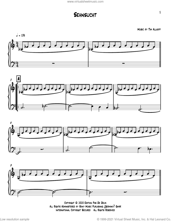Sehnsucht sheet music for piano solo by Tim Allhoff, classical score, intermediate skill level