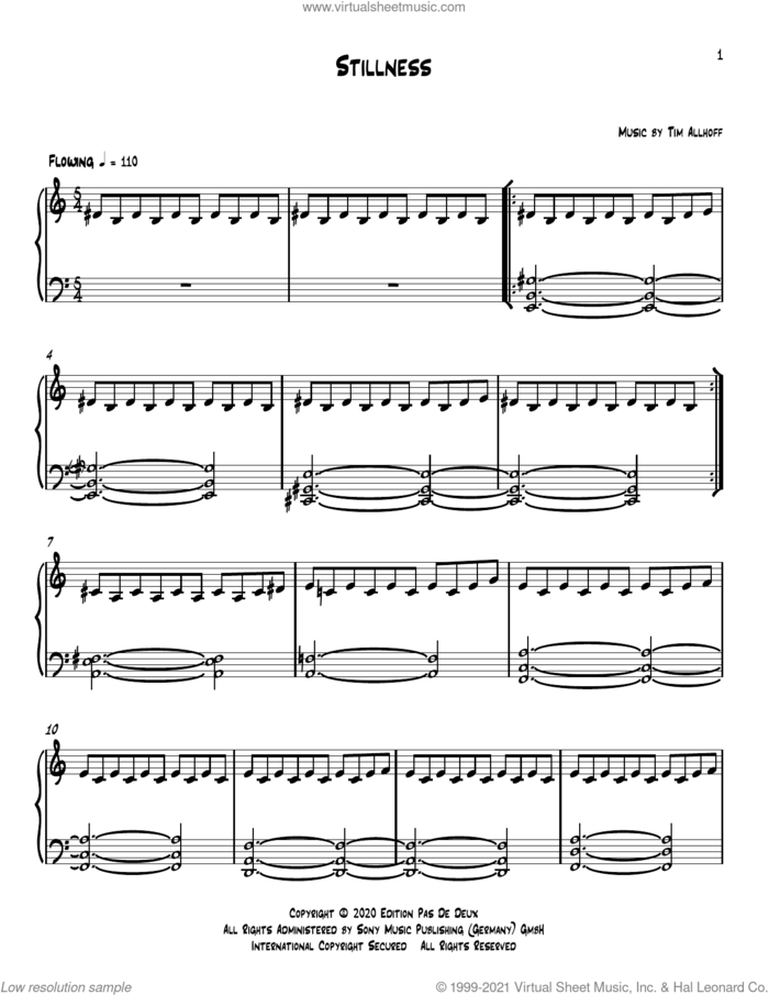 Stillness sheet music for piano solo by Tim Allhoff, classical score, intermediate skill level