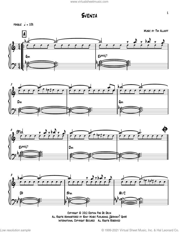 Svenja sheet music for piano solo by Tim Allhoff, classical score, intermediate skill level