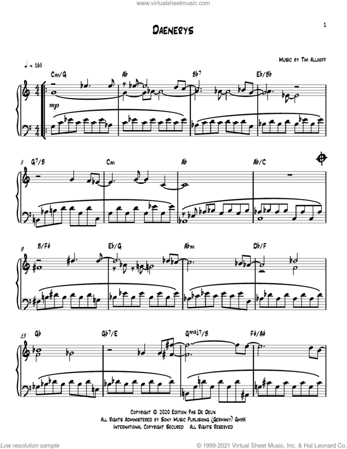 Daenerys sheet music for piano solo by Tim Allhoff, classical score, intermediate skill level