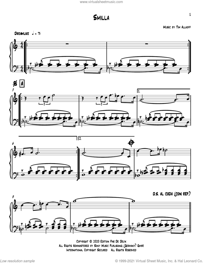 Smilla sheet music for piano solo by Tim Allhoff, classical score, intermediate skill level