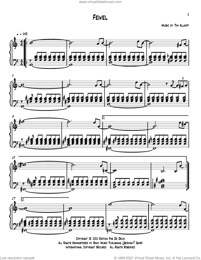 Feivel sheet music for piano solo by Tim Allhoff, classical score, intermediate skill level