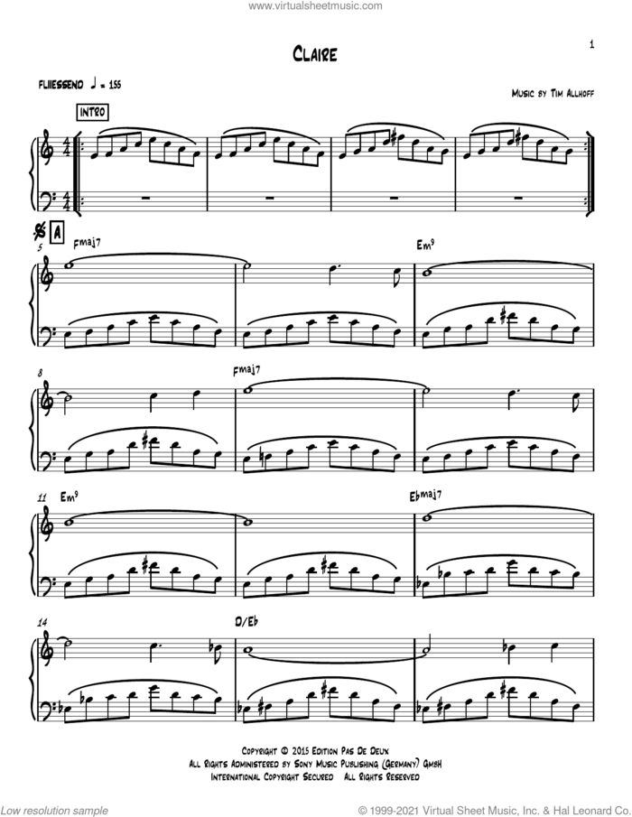 Claire sheet music for piano solo by Tim Allhoff, classical score, intermediate skill level