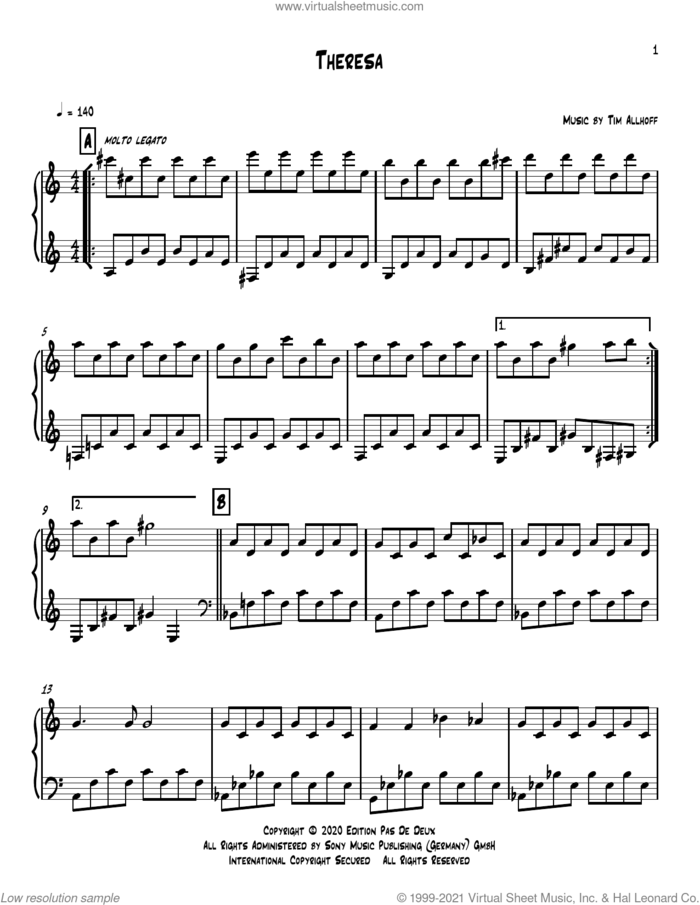 Theresa sheet music for piano solo by Tim Allhoff, classical score, intermediate skill level