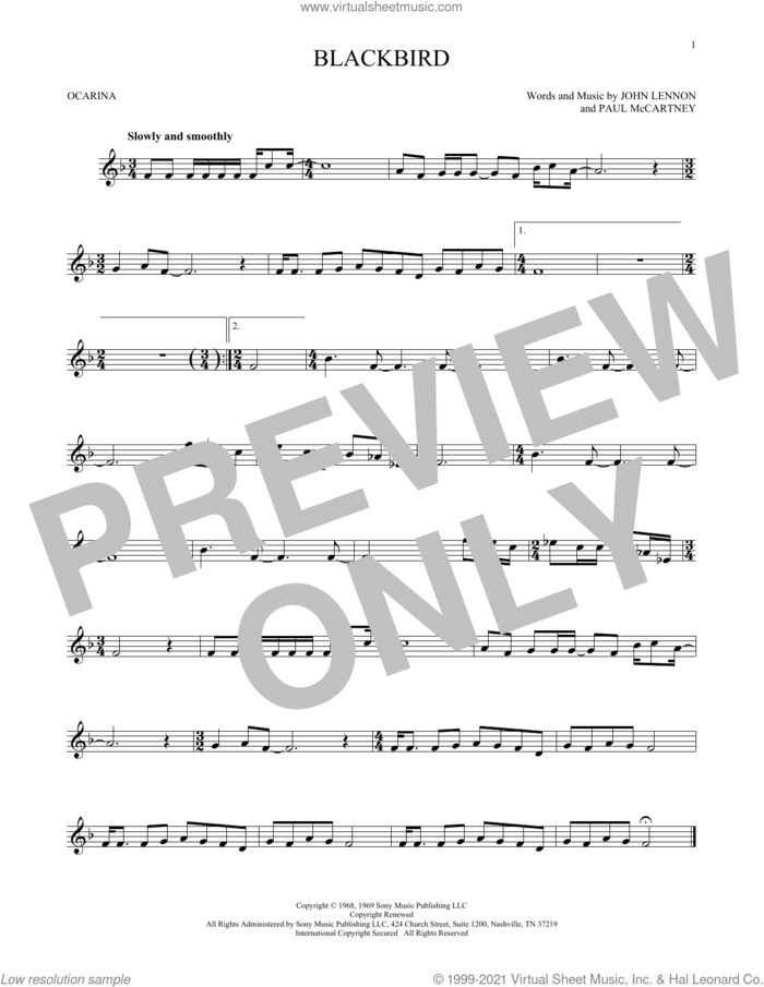 Blackbird sheet music for ocarina solo by The Beatles, John Lennon and Paul McCartney, intermediate skill level