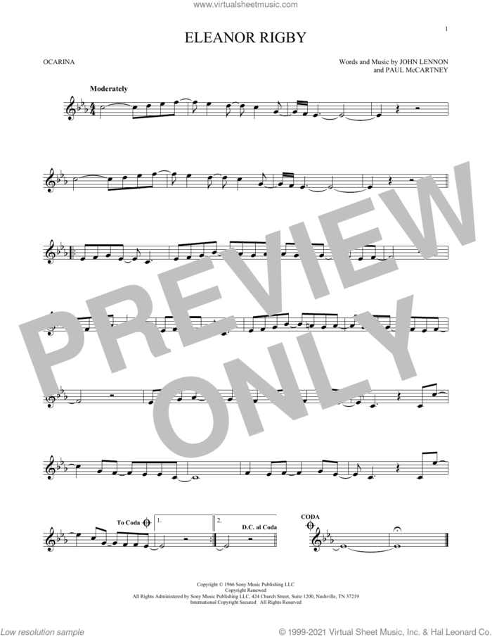 Eleanor Rigby sheet music for ocarina solo by The Beatles, John Lennon and Paul McCartney, intermediate skill level