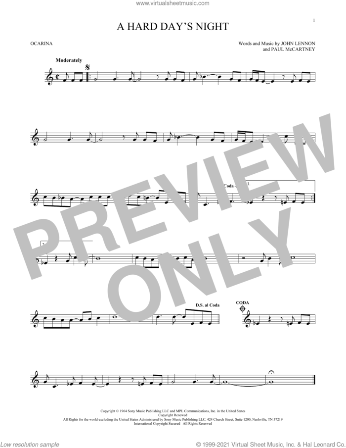 A Hard Day's Night sheet music for ocarina solo by The Beatles, John Lennon and Paul McCartney, intermediate skill level