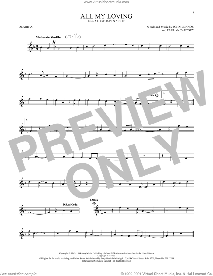 All My Loving sheet music for ocarina solo by The Beatles, John Lennon and Paul McCartney, intermediate skill level