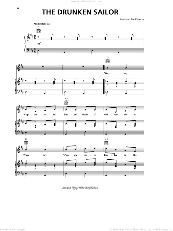 The Drunken Sailor sheet music for voice, piano or guitar by American Sea Chantey, intermediate skill level