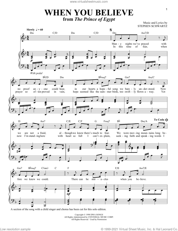 When You Believe [Solo version] (from The Prince Of Egypt) sheet music for voice and piano by Stephen Schwartz and Whitney Houston and Mariah Carey, intermediate skill level