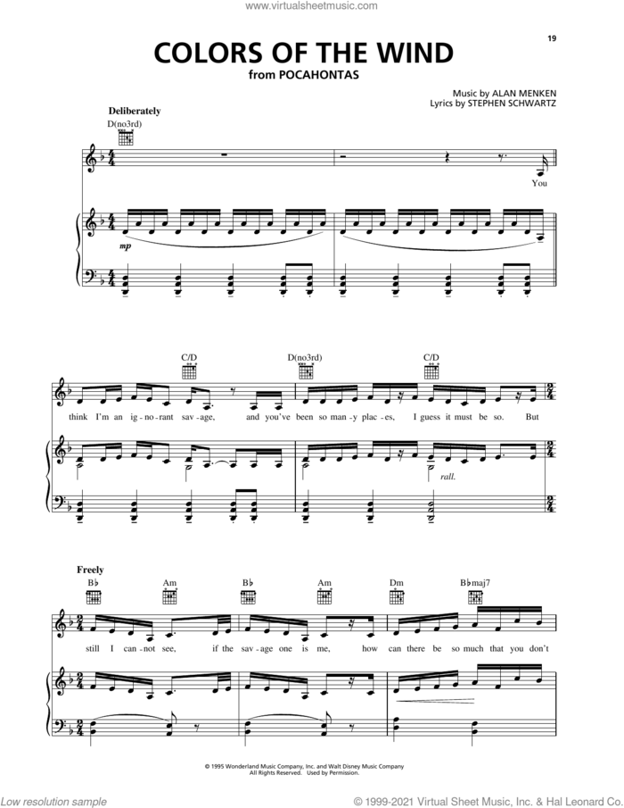 Colors Of The Wind (from Pocahontas) sheet music for voice, piano or guitar by Alan Menken & Stephen Schwartz, Vanessa Williams, Alan Menken and Stephen Schwartz, intermediate skill level