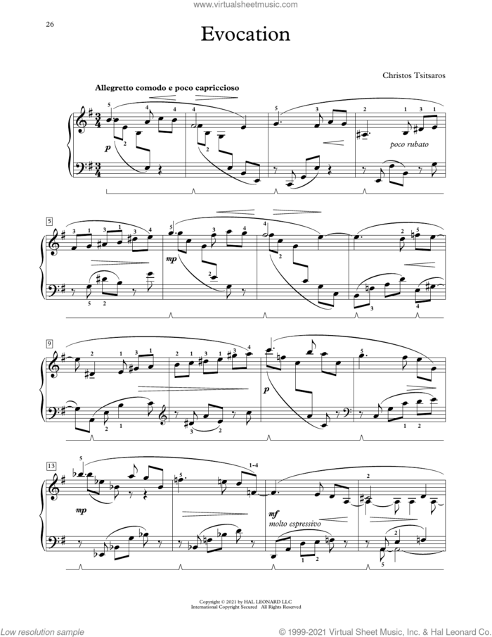 Evocation sheet music for piano solo (elementary) by Christos Tsitsaros, classical score, beginner piano (elementary)