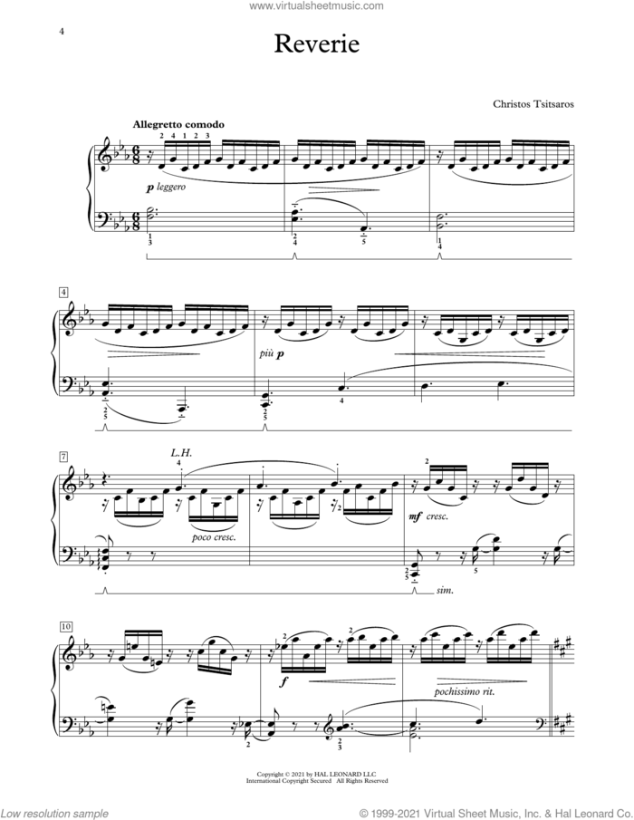 Reverie sheet music for piano solo (elementary) by Christos Tsitsaros, classical score, beginner piano (elementary)