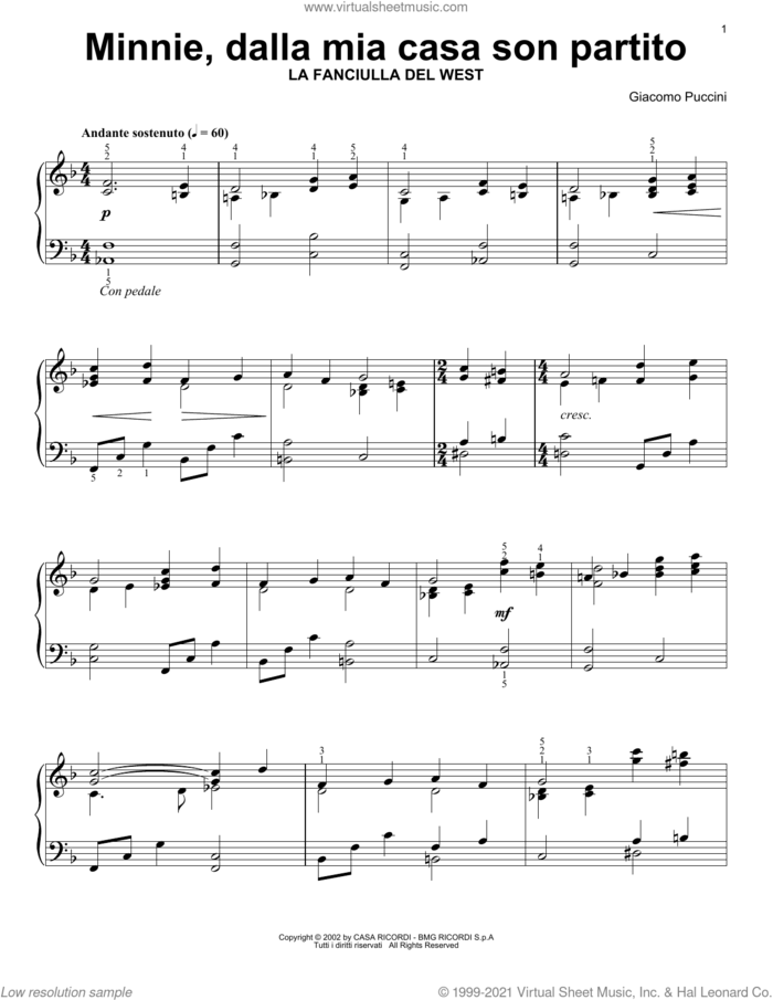 Minnie, Dalla Mia Casa Son Partito sheet music for voice and other instruments (E-Z Play) by Giacomo Puccini, classical score, easy skill level