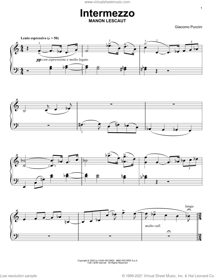 Intermezzo sheet music for voice and other instruments (E-Z Play) by Giacomo Puccini, classical score, easy skill level