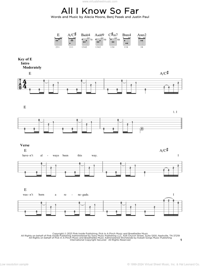 All I Know So Far sheet music for guitar solo (lead sheet) by P!nk, Alecia Moore, Benj Pasek and Justin Paul, intermediate guitar (lead sheet)