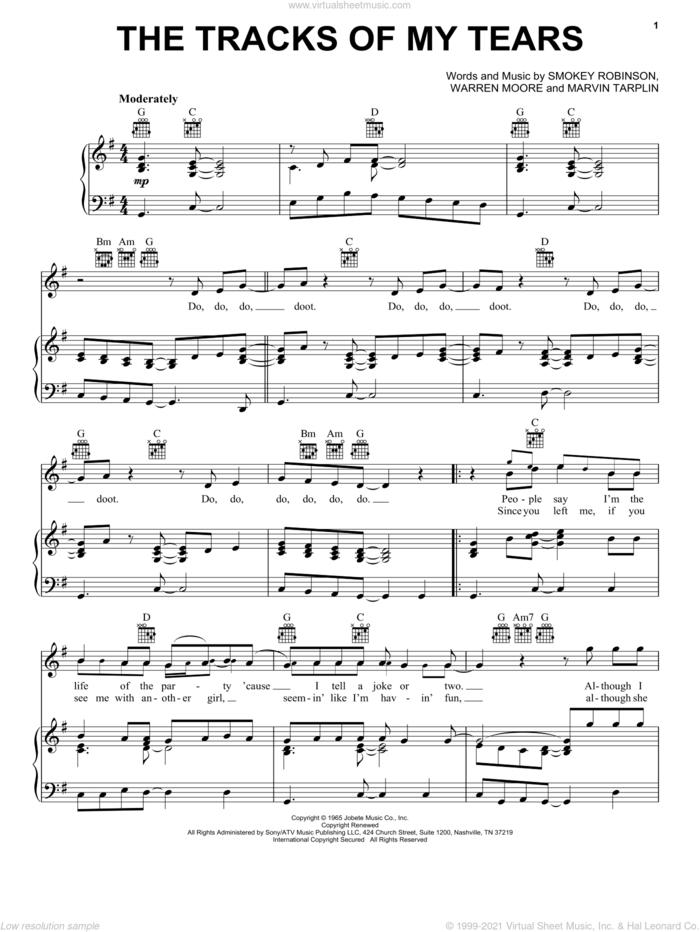 The Tracks Of My Tears sheet music for voice, piano or guitar by Smokey Robinson & The Miracles, Linda Ronstadt, The Miracles, Marvin Tarplin and Warren Moore, intermediate skill level