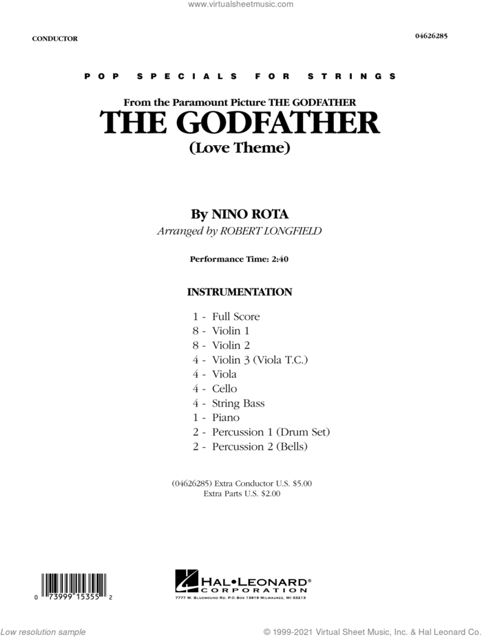 The Godfather (Love Theme) (arr. Robert Longfield) (COMPLETE) sheet music for orchestra by Robert Longfield and Nino Rota, intermediate skill level