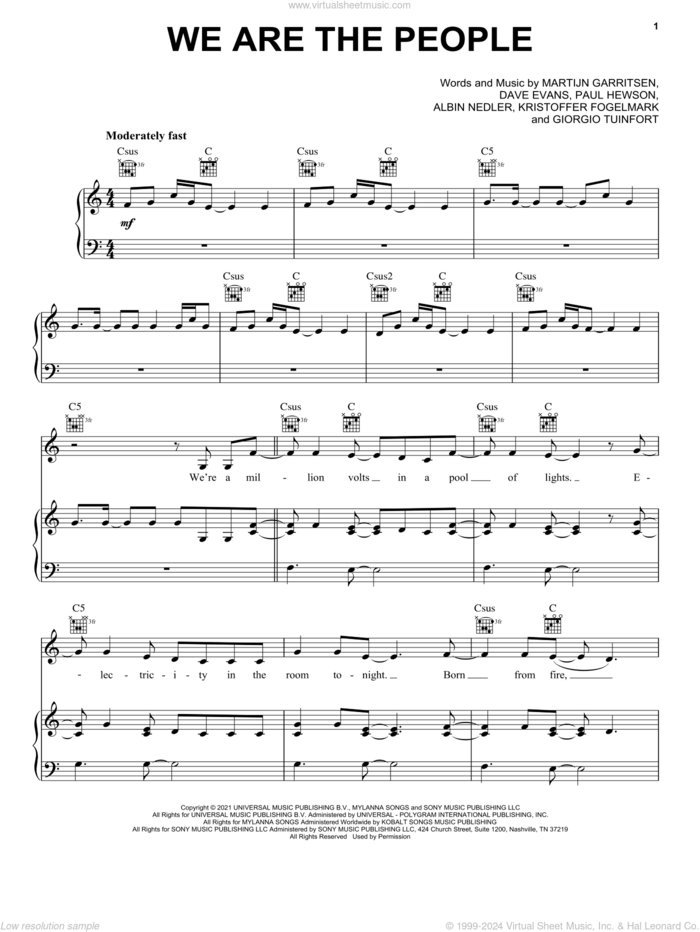 We Are The People (feat. Bono and The Edge) [Official UEFA EURO 2020 Song] sheet music for voice, piano or guitar by Martin Garrix, Albin Nedler, Dave Evans, Giorgio Tuinfort, Kristoffer Fogelmark, Martijn Garritsen and Paul Hewson, intermediate skill level