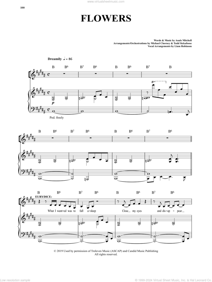 Flowers (from Hadestown) sheet music for voice and piano by Anais Mitchell, intermediate skill level
