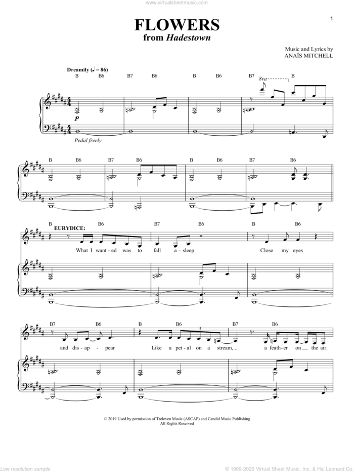 Flowers (from Hadestown) sheet music for voice and piano by Anais Mitchell, intermediate skill level