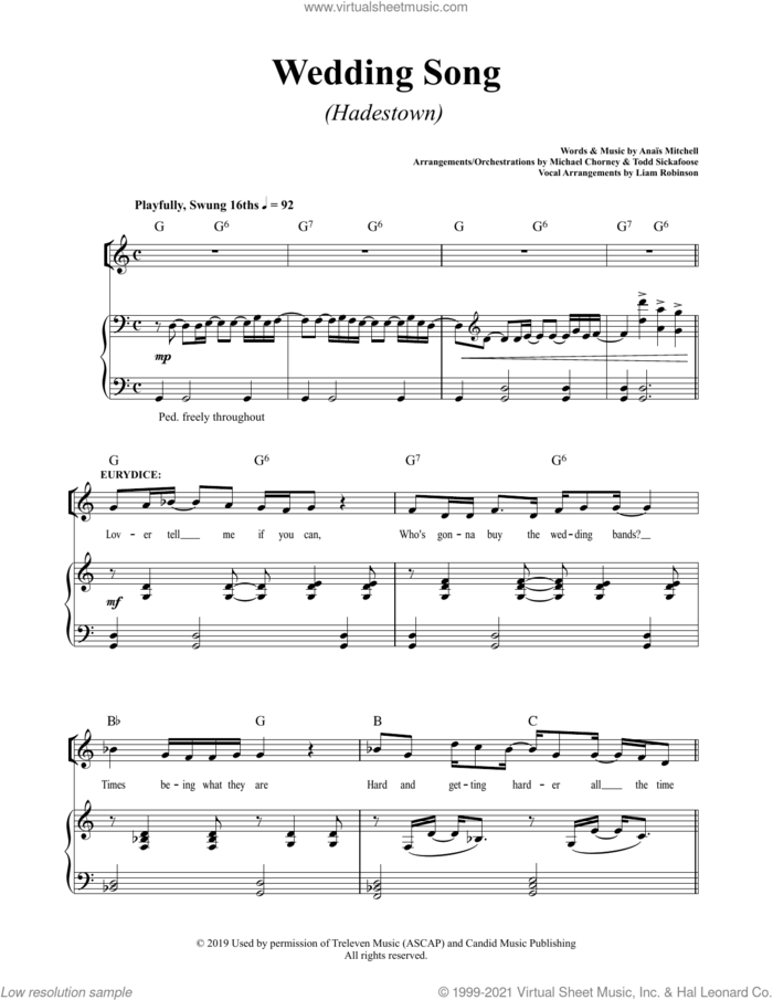 Wedding Song (from Hadestown) sheet music for voice and piano by Anais Mitchell, intermediate skill level