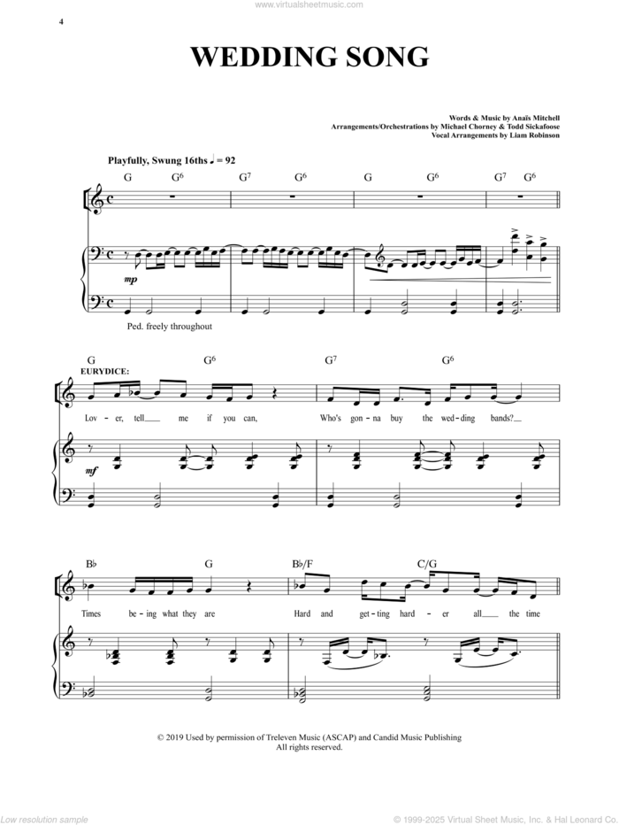 Wedding Song (from Hadestown) sheet music for voice and piano by Anais Mitchell, intermediate skill level