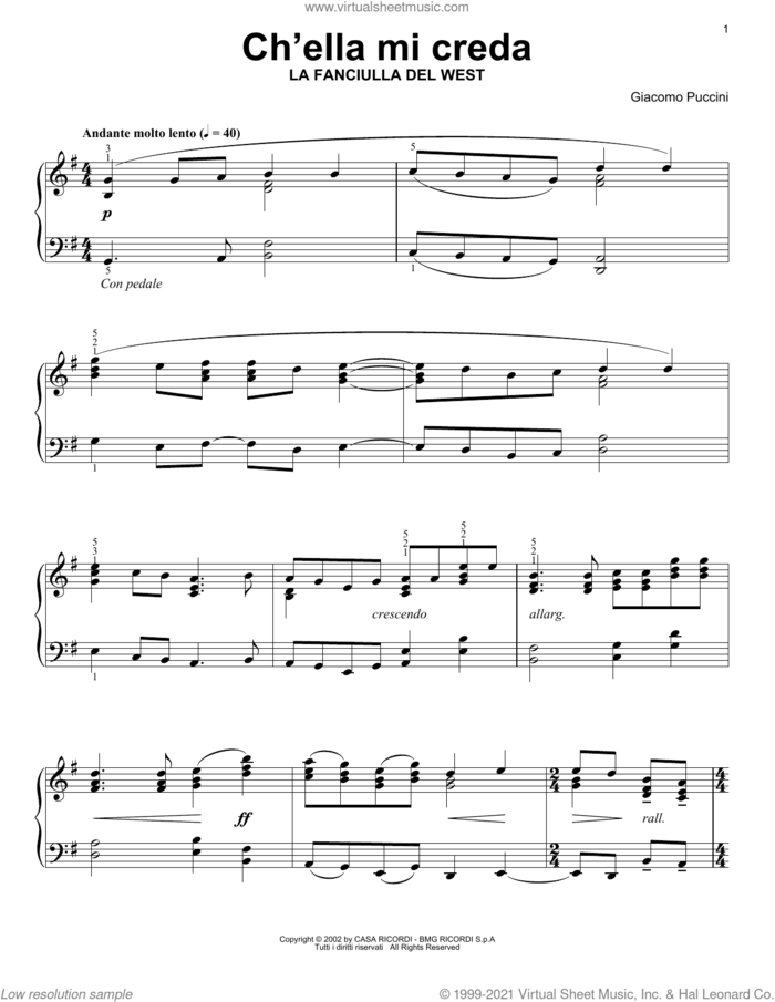 Ch'Ella Mi Creda (Let Her Believe) sheet music for voice and other instruments (E-Z Play) by Giacomo Puccini, classical score, easy skill level