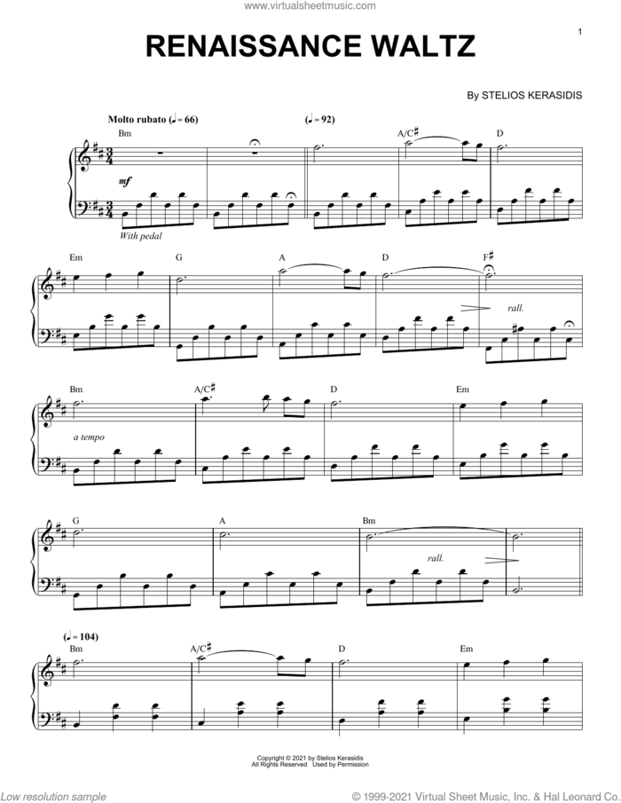 Renaissance Waltz sheet music for piano solo by Stelios Kerasidis, classical score, intermediate skill level