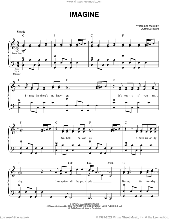 Imagine sheet music for accordion by John Lennon, intermediate skill level