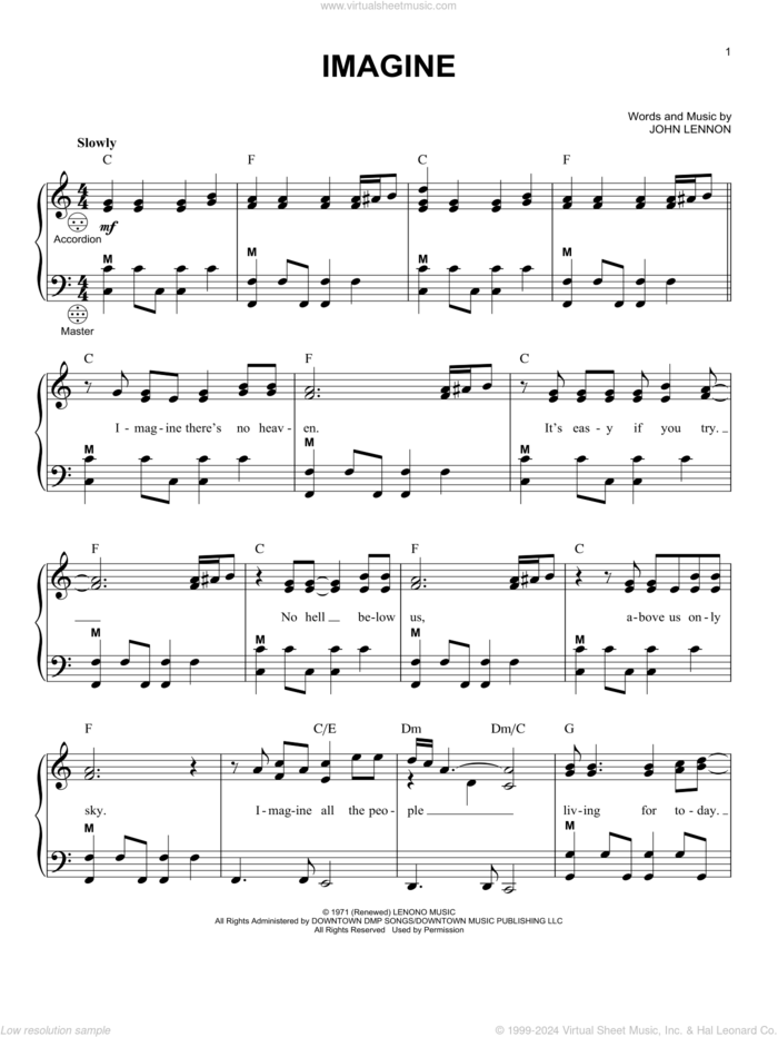 Imagine sheet music for accordion by John Lennon, intermediate skill level