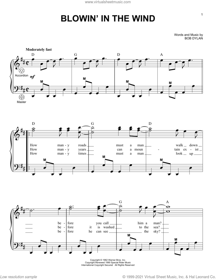 Blowin' In The Wind sheet music for accordion by Bob Dylan, intermediate skill level