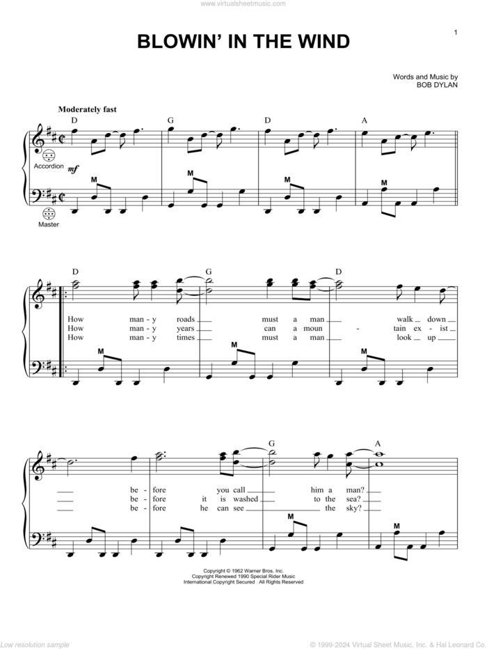 Blowin' In The Wind sheet music for accordion by Bob Dylan, intermediate skill level