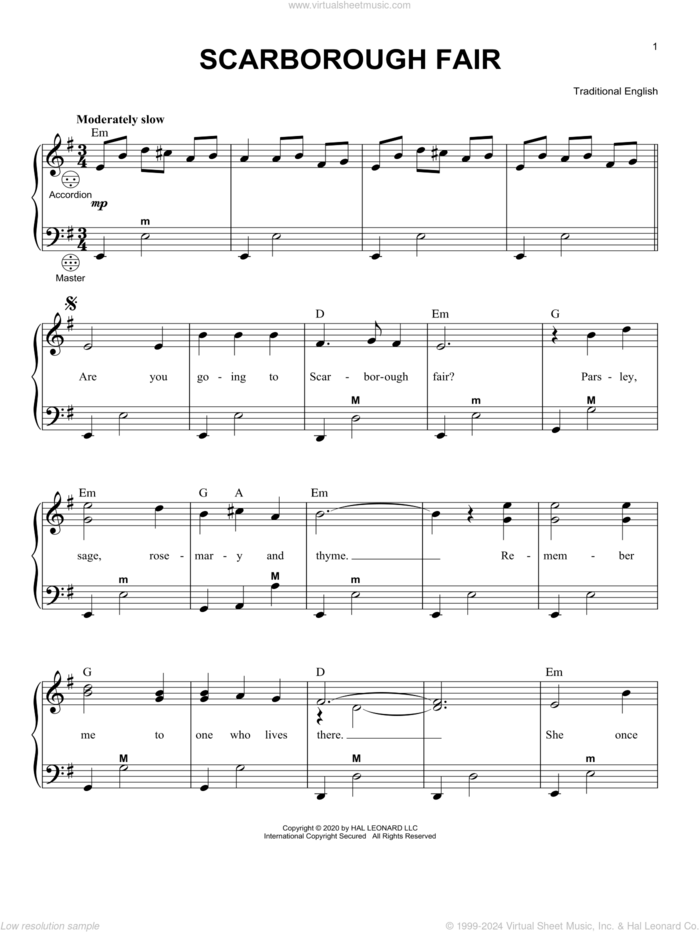 Scarborough Fair sheet music for accordion, intermediate skill level