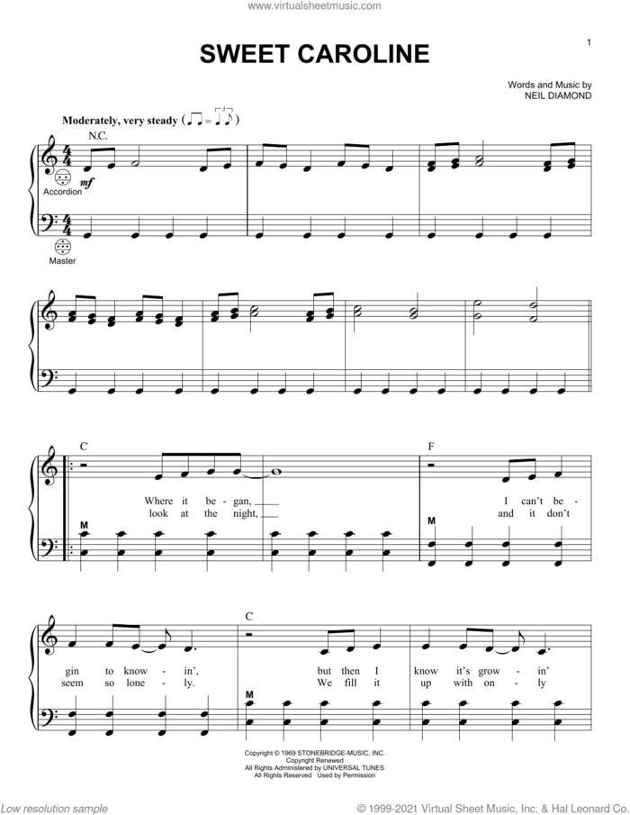 Sweet Caroline sheet music for accordion by Neil Diamond, intermediate skill level