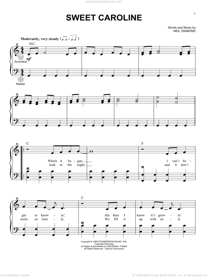 Sweet Caroline sheet music for accordion by Neil Diamond, intermediate skill level