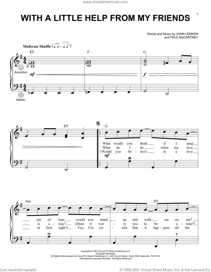 With A Little Help From My Friends sheet music for accordion by The Beatles, John Lennon and Paul McCartney, intermediate skill level