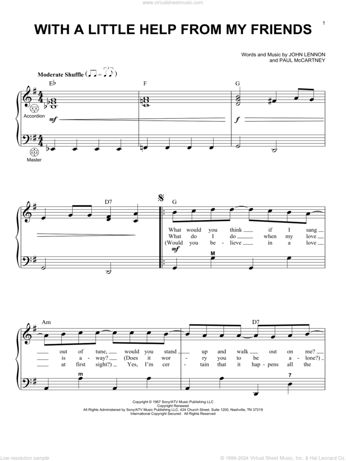 With A Little Help From My Friends sheet music for accordion by The Beatles, John Lennon and Paul McCartney, intermediate skill level