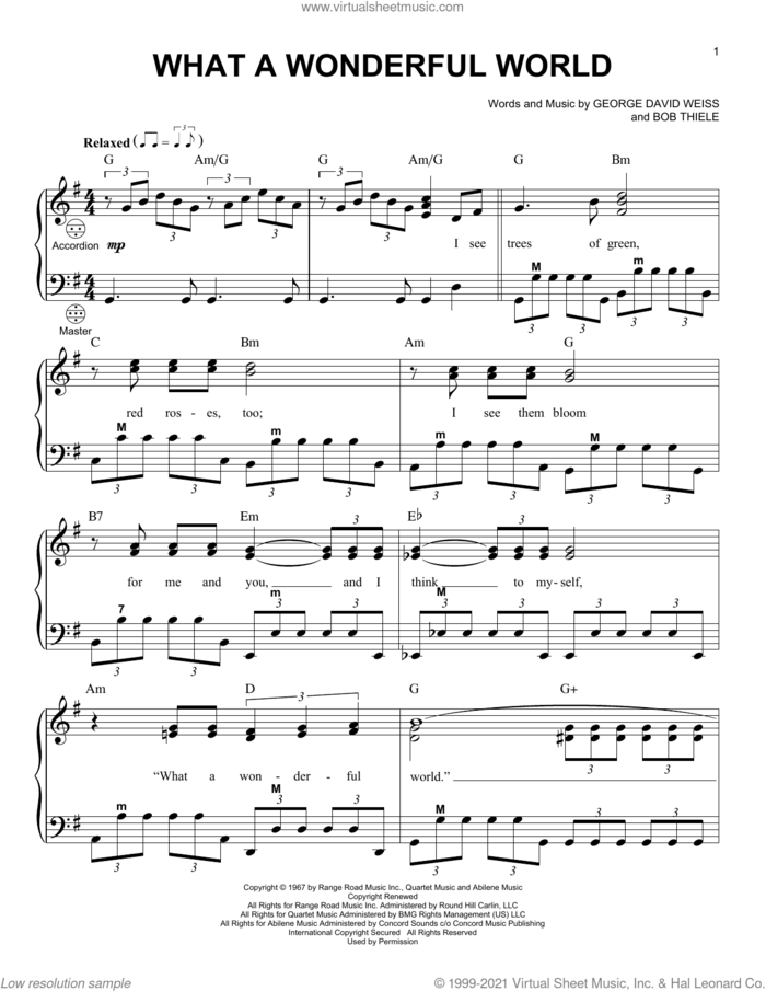 What A Wonderful World sheet music for accordion by Louis Armstrong, Bob Thiele and George David Weiss, intermediate skill level