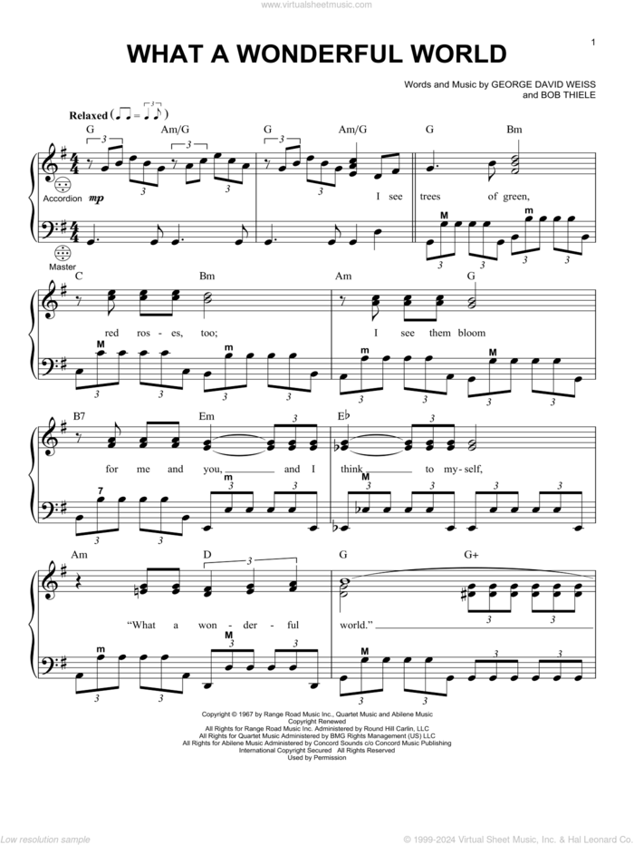 What A Wonderful World sheet music for accordion by Louis Armstrong, Bob Thiele and George David Weiss, intermediate skill level