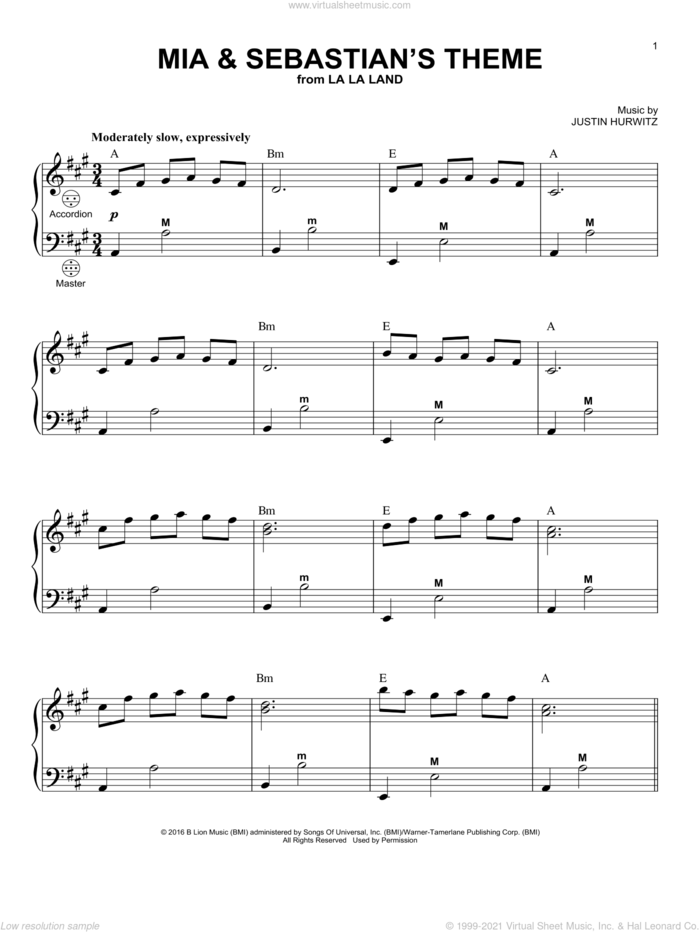 Mia and Sebastian's Theme (from La La Land) sheet music for accordion by Justin Hurwitz, intermediate skill level