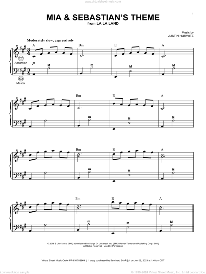 Mia and Sebastian's Theme (from La La Land) sheet music for accordion by Justin Hurwitz, intermediate skill level