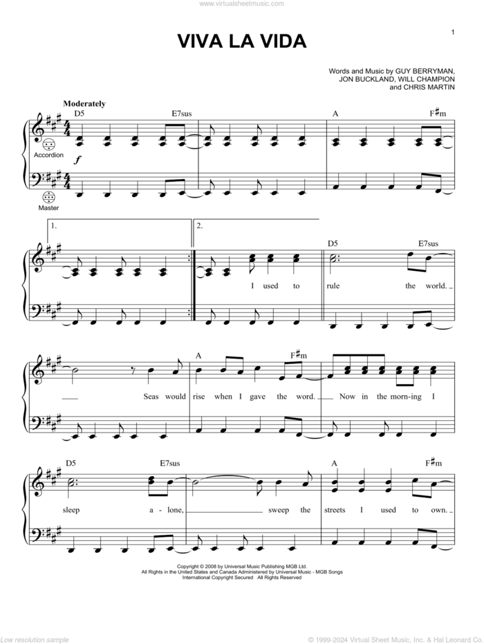 Viva La Vida sheet music for accordion by Coldplay, Chris Martin, Guy Berryman, Jon Buckland and Will Champion, intermediate skill level