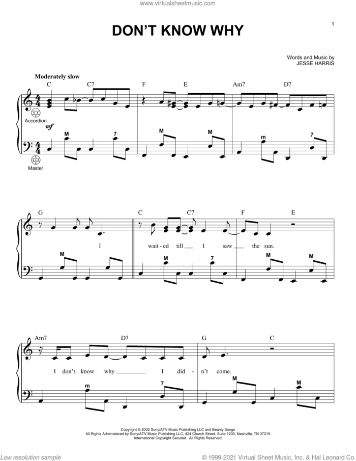 Don't Know Why sheet music for accordion by Norah Jones and Jesse Harris, intermediate skill level