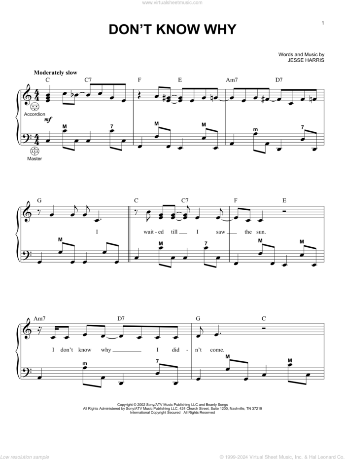 Don't Know Why sheet music for accordion by Norah Jones and Jesse Harris, intermediate skill level