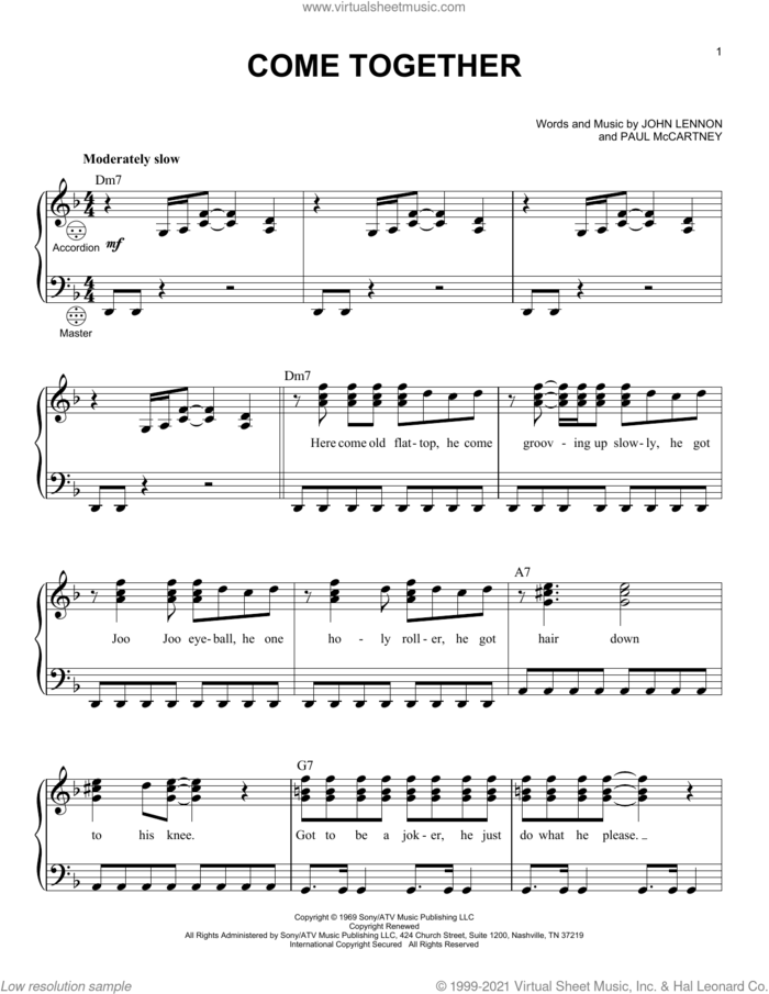 Come Together sheet music for accordion by The Beatles, John Lennon and Paul McCartney, intermediate skill level